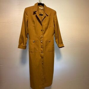 Vintage Style Trench Coat Dress  Rayon Blend Fitted Gold Buttons sz8